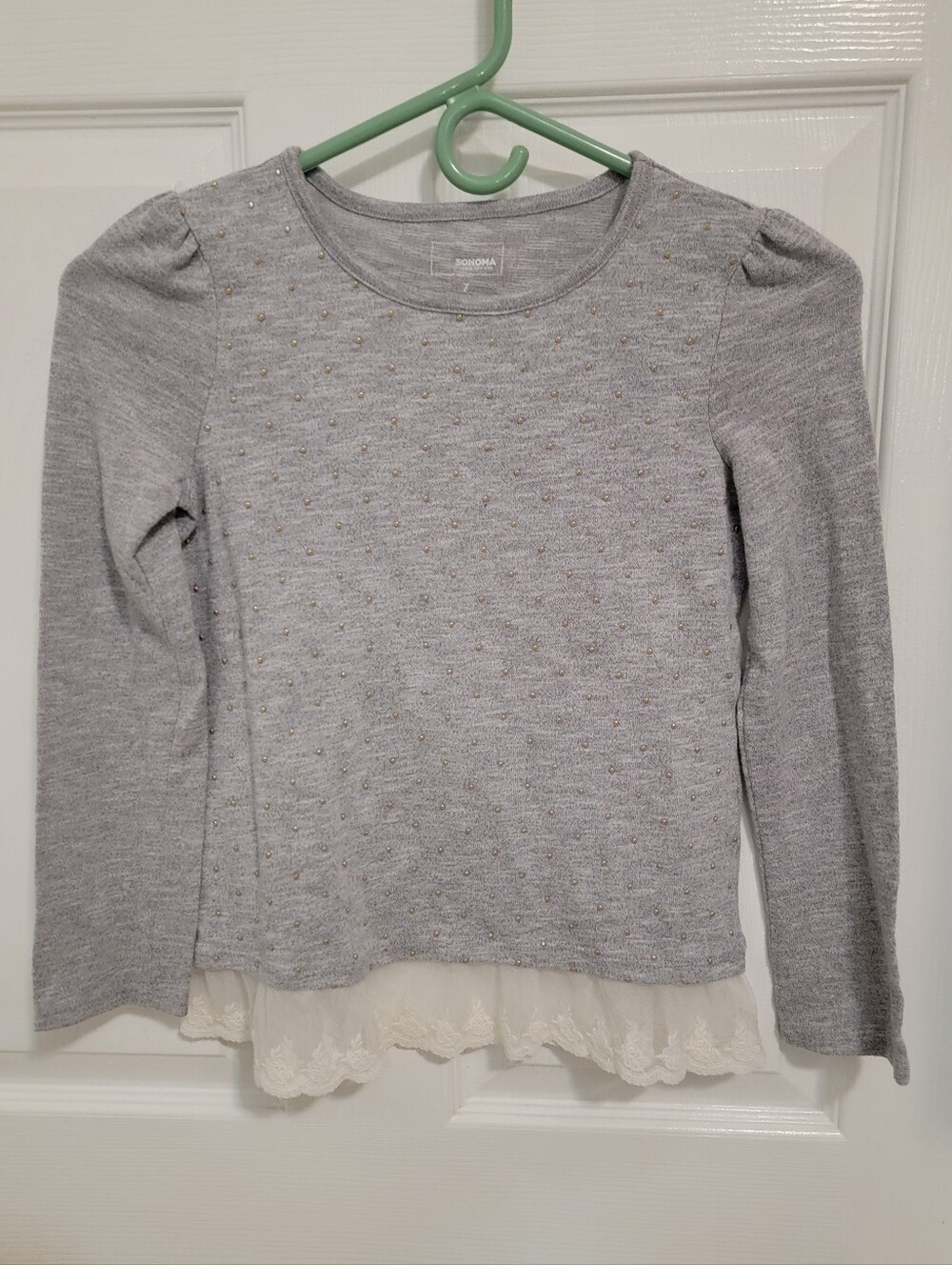 Sonoma Girls Size 7 Gray Studded Lace Hem Long Sleeve Top